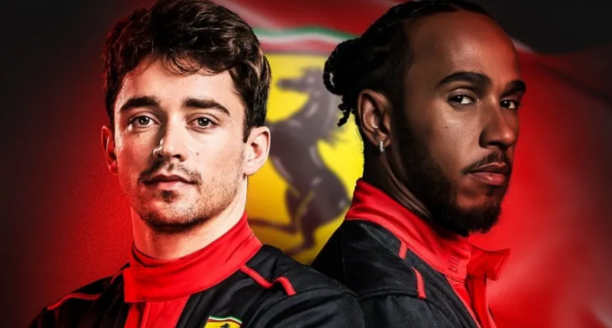 Deliran los fan&aacute;ticos: Hamilton y Leclerc posaron juntos con la indumentaria de Ferrari