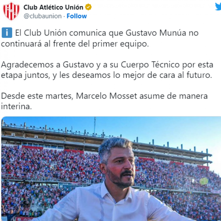 Gustavo Mun&uacute;a dej&oacute; de ser el entrenador de Uni&oacute;n